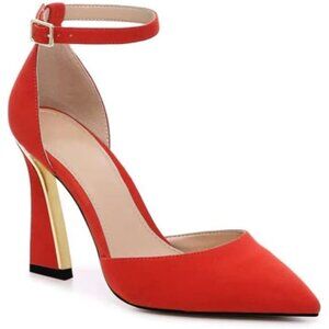 Women's Red Point Closed Toe Buckle Ankle Strap Comfortable Stylish Pumps Heel
